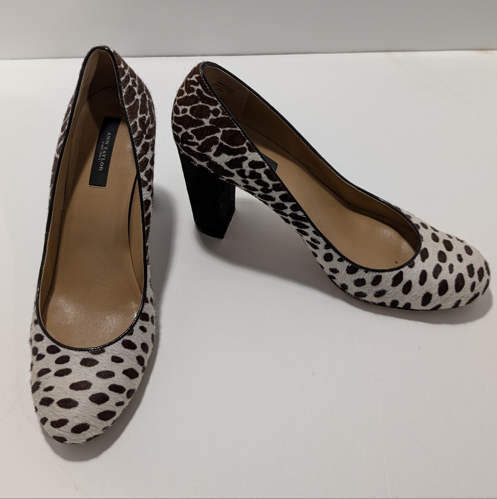 Ann Taylor Size 9 Animal Print Calf Hair Suede Pumps Block Heel Leather